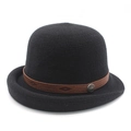 Elegant black wool cloche hat for women with brown leather band and retro button - M (56-58cm) / Black
