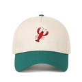 Close-up of red lobster embroidery on a contrast color cotton baseball trucker cap - Dark Green
