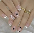 Short square press-on nails with pink base, white French tips, black hearts and dots - With Jelly Glue and Nail File / French Pink Black Heart Style With Silver Glitter (CW778)