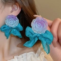 Close-up of purple gradient resin flower earrings with light cyan chiffon bow detail - Purple Rose Cyan Bow (16#)