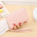 Pink quilted PU leather short wallet with gold zipper and wrist strap for women - Pink