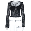 Slim fit black lace long sleeve crop top with floral patterns and drawstring V-neck - S / Black
