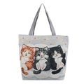 Artistic jacquard canvas tote bag with cute three-cat illustration and striped handles - Three Cats