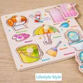 Wooden peg puzzle featuring household items for early childhood cognitive learning - Daily Life Square Peg Puzzle