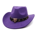 Detail of purple wool felt cowboy hat with black decorative band and golden leopard head charm - M (56-58cm) / Purple