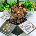 3D pop-up Happy Birthday gift box card with gold glitter and black butterfly motifs - Balloon Black Gold