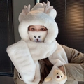Ensemble 3-en-1 blanc en peluche avec capuche, écharpe et gants motif ours et bois - Adulte / Ensemble 4 pièces amélioré (Avec ours) / Blanc