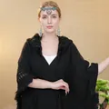 Scialle etnico in maglia nera da donna con frange e scollo a V per viaggio - Nero
