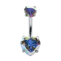 Silver belly button ring featuring colorful heart-shaped iridescent cubic zirconia stones - AB Color