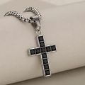 Silver stainless steel cross pendant necklace with black cubic zirconia inlay - Silver Cross Pendant (Black Zirconia)