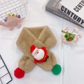 Plush khaki kids Christmas scarf with cute Santa Claus patch and festive pom-poms - Christmas Camel (Santa Claus Decor)