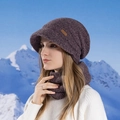 Winter-Strickmützen-Set in Lila mit Fleecefutter und passendem Schal für Damen - Lederrot