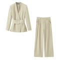 Beiges Damen-Hosenanzug-Set mit Gürtel-Blazer und weit geschnittener Hose im Business-Stil - S / Beige (Oberteil Und Hose)