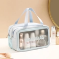 Light blue double-layer waterproof PU washbag with transparent window and top handle - Double Layer Medium - Dry Wet Separation / Blue