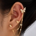 Gold butterfly earring set with zircon-inlaid ear cuff and fringe chain details - Butterfly Zircon Gold
