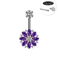 Macro detail of internally threaded navel ring with purple zircon flower charm - Purple Flower