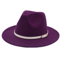 Close-up of deep purple wool fedora hat featuring a white leather belt and gold buckle - M (56-58cm) / Purple (White Belt)