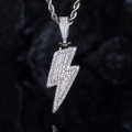 Hip hop lightning bolt pendant necklace with silver finish and sparkling zircon stones - White Gold White Stone 60cm