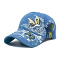 Blue cotton baseball cap featuring detailed butterfly embroidery and sequins at 45-degree angle - M (56-58cm) / Blue