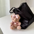 Cute brown plush bear charm with pink bow, pearl detail, and rhinestone paws for bags - Pink Bow Pearl Brown Bear Bag Charm