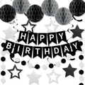 Detail of black and silver Happy Birthday banner with honeycomb balls and star streamers - Banner Honeycomb Star Hanging Set / Black and Gray