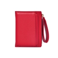 Short red lychee pattern leather wallet with gold zipper and detachable wrist strap - Red