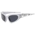Futuristische silberne Metallsonnenbrille mit dunkelgrauen ovalen Gläsern, Modell JH18205 - Silberner Rahmen Graue Gläser
