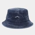 Detail of mountain embroidery on navy washed denim bucket hat with metal eyelets - One Size / Navy Blue