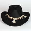 Detail of black woven cowboy straw hat with shell decorative band and metal tassels - Black