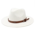 Classic white woven Fedora straw hat with brown leather band and metallic buckle detail - M (56-58cm) / White