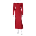 Close-up of red lace texture and off-the-shoulder neckline on slim-fit long dress - S / Red