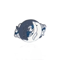 Round enamel yin yang badge featuring blue and white dancing whales in a circular motion - Yin-Yang Dolphins