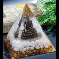 8cm crystal pyramid with buddha statue, white quartz chips and gold foil flakes - 8cm / 15 Lotus Buddha