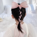 Pink chiffon hair bow clip with long streamers for girls' braided hairstyles - Solid Pink Bow Streamer