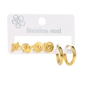 Three-pair set of gold stainless steel butterfly and round stud earrings on white card - Butterfly Hoop