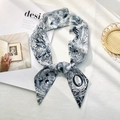 Blue abstract silk twilly scarf with artistic line patterns on a white background - Style O (White/Blue Art Starry Texture)