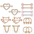 14pcs rose gold nipple rings set with heart crystal and floral ball body piercing studs - Rose Gold