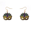 Mardi Gras mask earrings with festive gold purple and green sequins on white background - Mardi Gras Mask Earrings Style A (1 Pair)