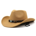 Detalle de sombrero vaquero de lana caqui con banda de cuentas turquesas y cordón - M (56-58cm) / Camel