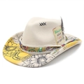 Detail of western fedora with sunflower pattern, feather accent and ethnic band - M (56-58cm) / Yellow and White Contrast Sunflower Totem (Beige 2) / Beige 2