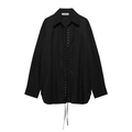 Detail of black long-sleeve shirt featuring lace-up front and V-neck with collar - XS / Black