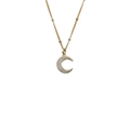 Golden crescent moon pendant necklace with zircons and beaded chain on white background - 00143 Crescent Moon Bead Chain