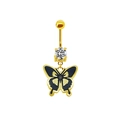 Detail of gold navel ring with black enamel butterfly pendant and round cubic zirconia - Gold Black Butterfly