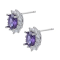 Macro shot of oval purple zircon studs featuring silver-tone prong setting and halo diamonds - Silver Purple Zirconia