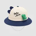 Detail of baby sun hat with Hello Dino print and 3D green dinosaur patch on cotton - 50cm (1-3 Years) / Off White