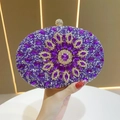 Detail of purple rhinestone sunburst pattern on oval evening clutch bag with crystal gems - Purple