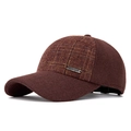 Herren Winter-Baseballkappe mit Ohrenklappen aus dunkelbraunem Tweed-Karo - Verstellbar / Burgunderrot