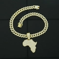 Collana con ciondolo mappa Africa dorato con cristalli incastonati su catena cubana - Oro Collana da 20 pollici (50 cm)