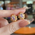 18K gold plated flower stud earrings with purple stone and zircon worn on ear - Silver Pin-Gold (Real Gold Plating/Pink Purple Zircon)