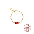 Adjustable 925 sterling silver chain ring in gold finish with red oval gemstone - Gold Oval - Deep Red Zirconia